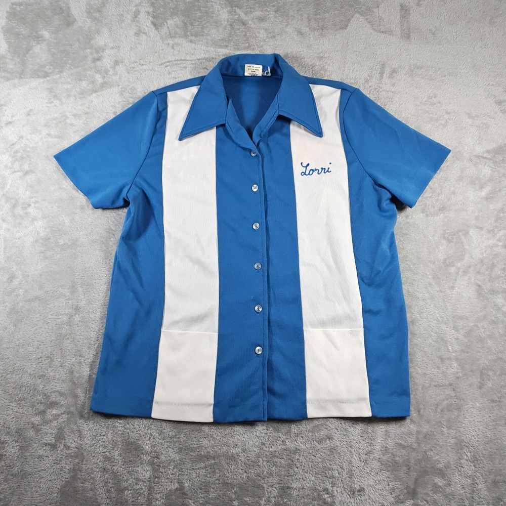 Vintage Angeltown Bowling Shirt Women Large Striped Daffodil Bowl Embroidered